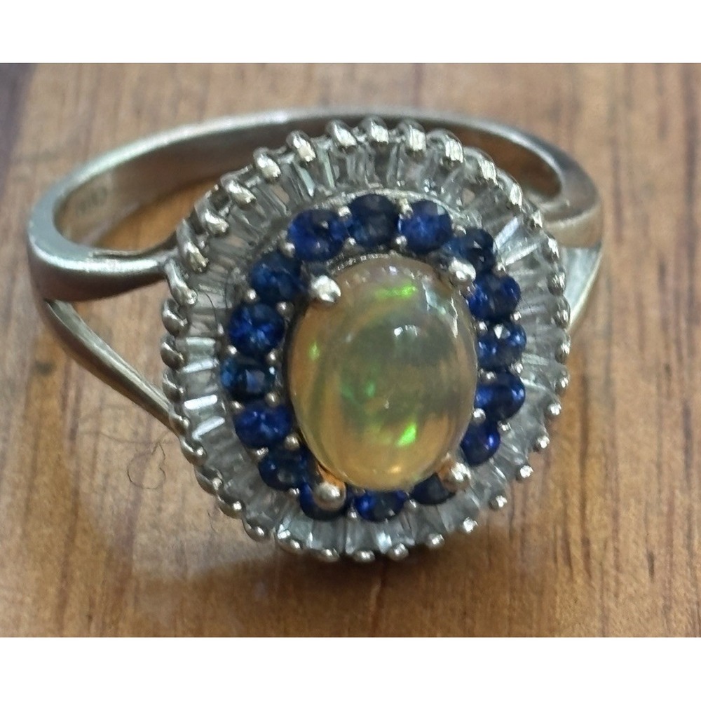 Sterling Silver Opal Sapphire And White Topaz Ring Size 10